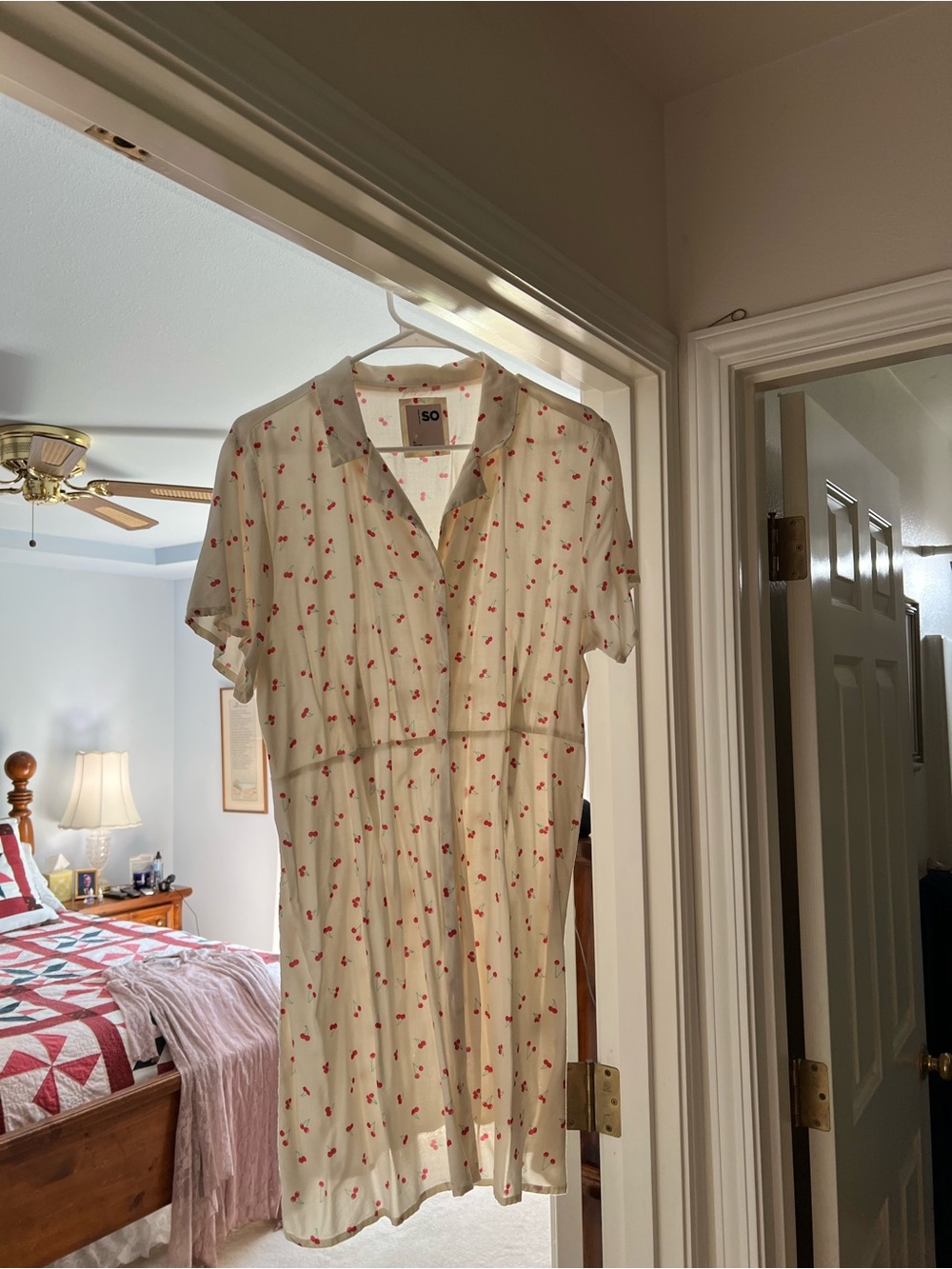 SO Cream Button-Down Shirt Dress with Red Cherry Motif